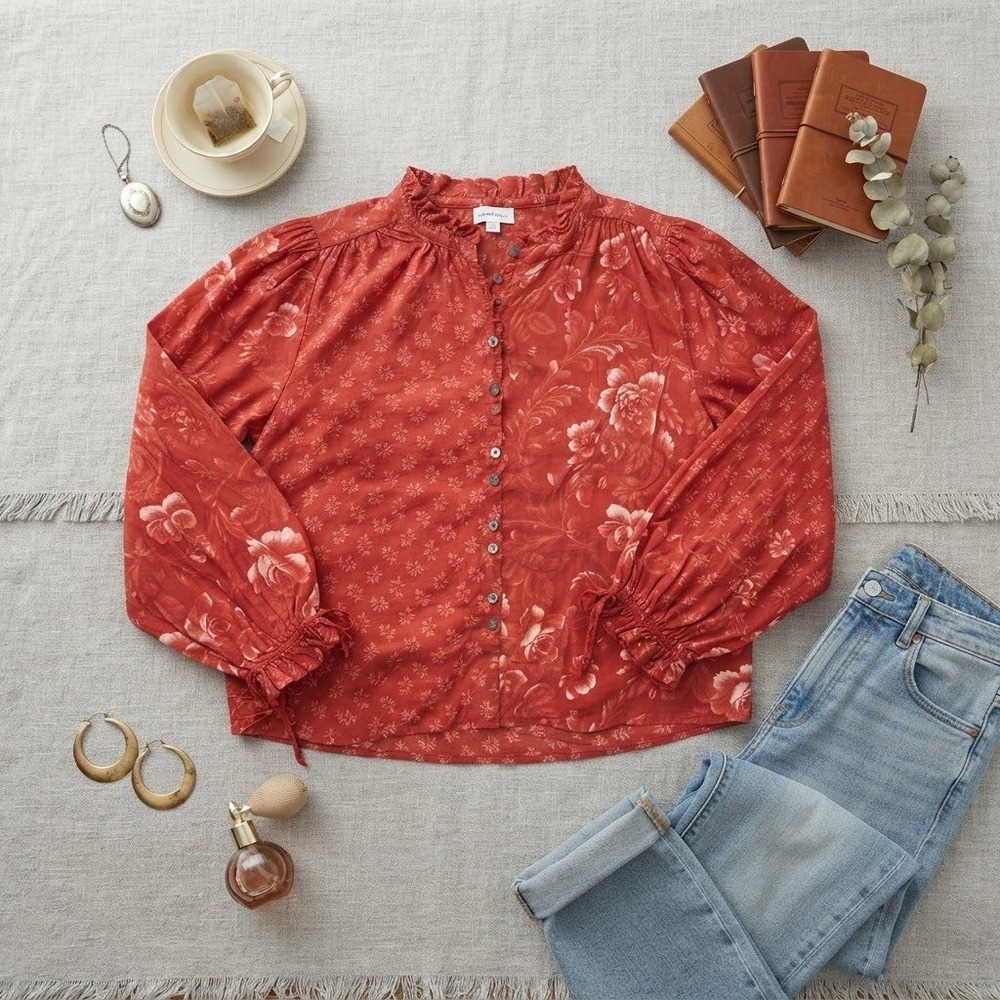 Sundance Red Floral Cotton Ruffle Neck Balloon Sleeve Blouse Petite Small PS